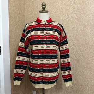 VTG 70s Retro Red & Green Striped Chunky Knit 100% Wool Christmas Sweater
